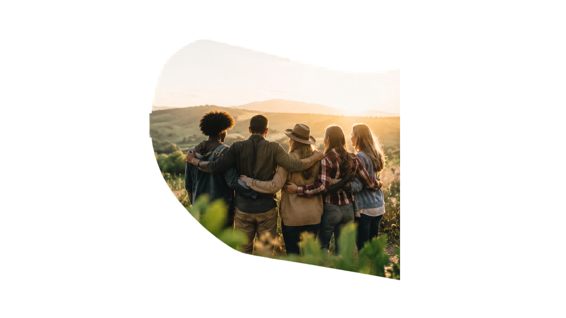 A community standing together outdoors at sunset